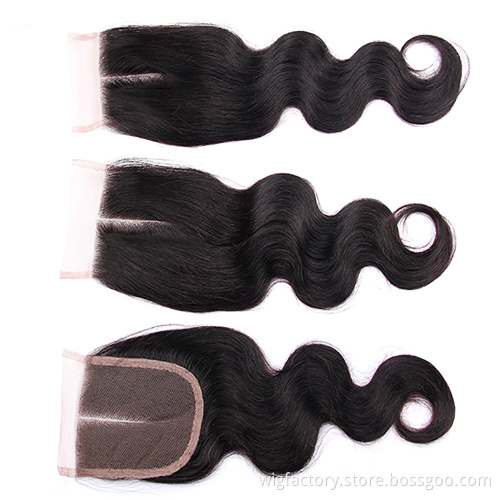 Wholesale virgin hair vendors body wave middle/free/three part closure natural color 4*4 swiss lace closure